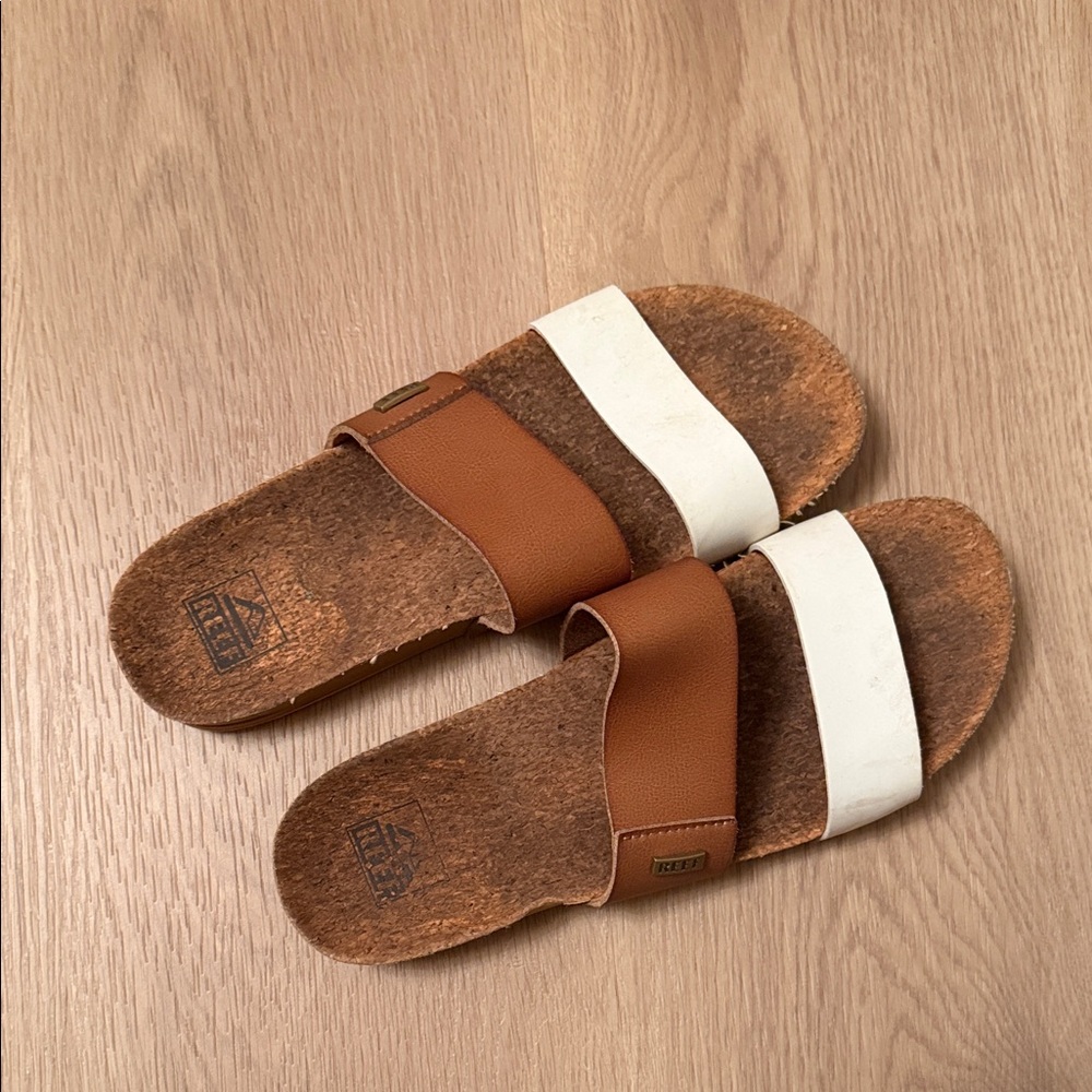 Reef Brown and White Slide Sandals